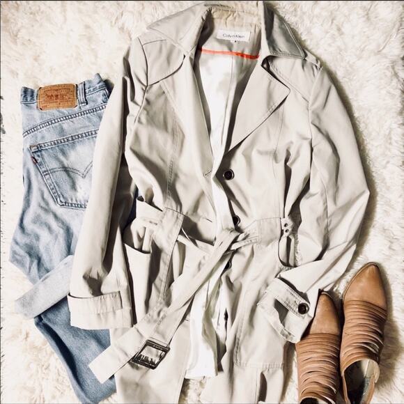 CALVIN KLEIN Khaki Tan Cream Lined Belted Button Preppy Tie Trench Coat Jacket S - Picture 2 of 8